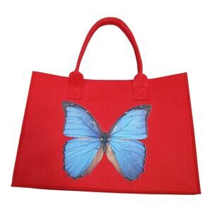 Red Felt Tote Bag Blue Butterfly Print Reusable Shopping Handbag Eco Friendly